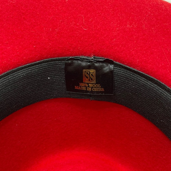 VINTAGE 100% Wool Hat Red With Purple Sequin Trim & Flower Detail - Picture 6 of 7